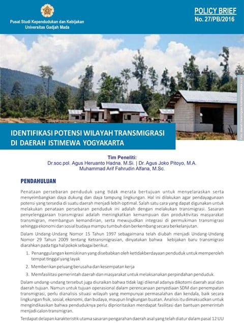 Identifikasi Potensi Wilayah Transmigrasi di Daerah Istimewa Yogyakarta - policy-brief